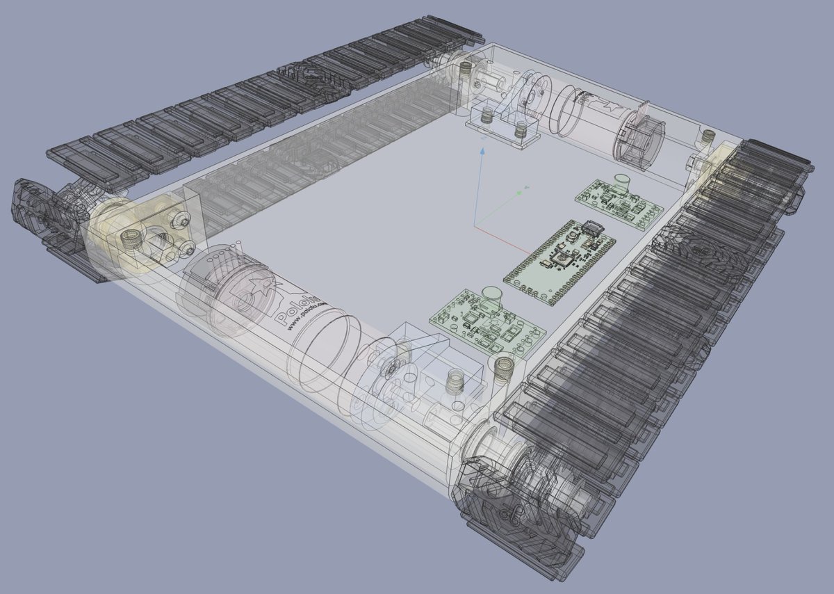 Áttetsző 3D-s CAD-nézet egy lánctalpas jármű alvázáról: hajtáslánc, motorbakok, láncfeszítők és két beépített vezérlőpanel.