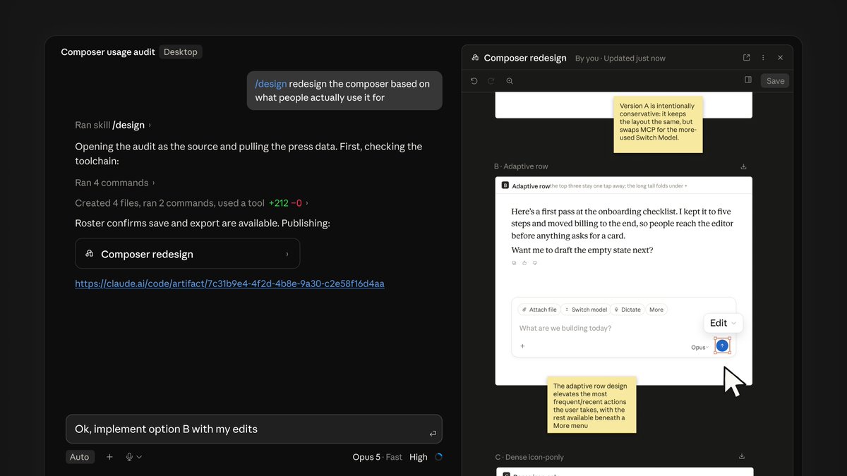 A Claude Code /design skilljének bemutató képe: több szerkeszthető artboard egymás mellett egy vásznon, felületvázlatokkal, amikből egy kiválasztható és átszabható, mielőtt a Claude kódot ír hozzá.