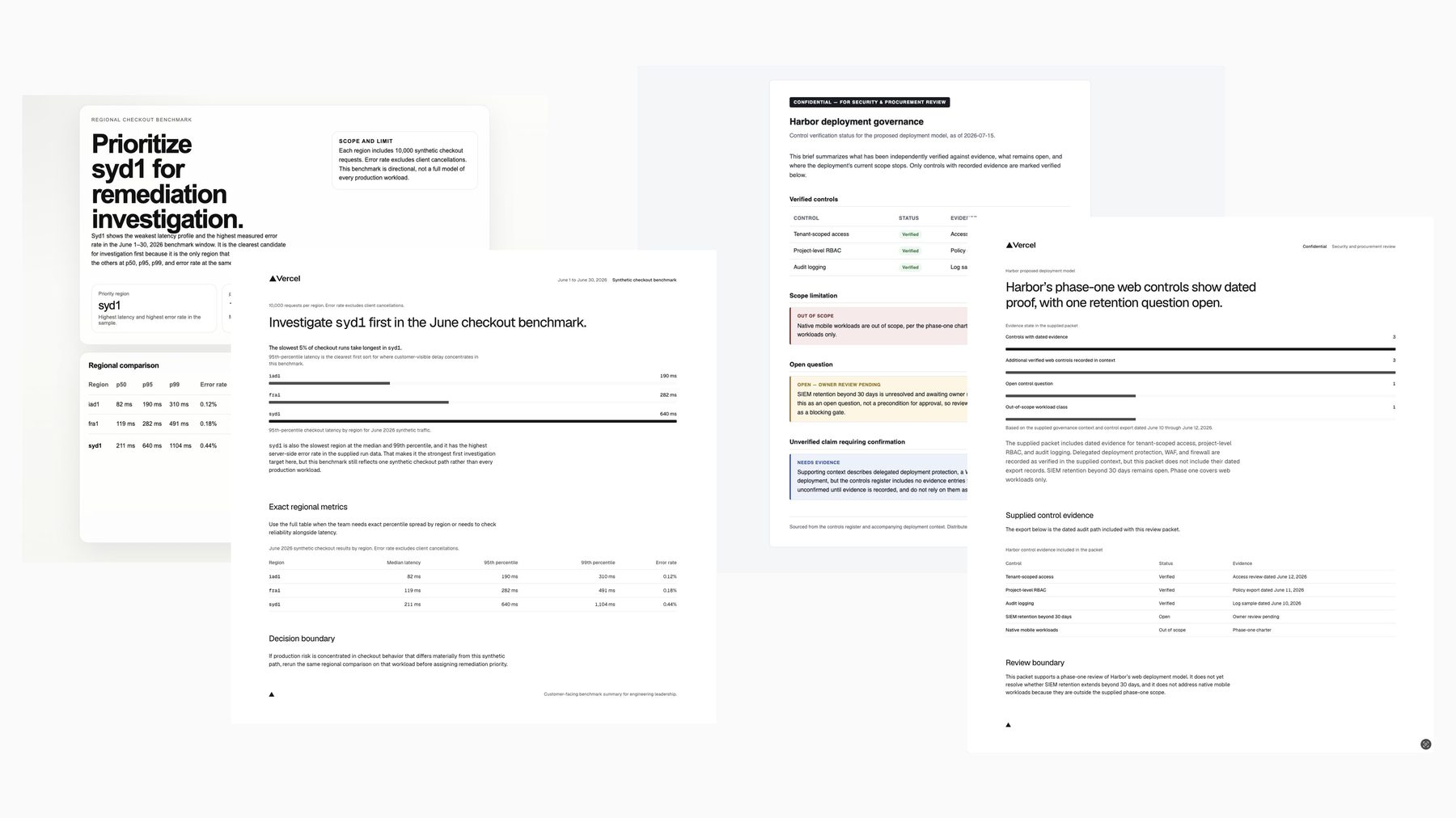 Négy generált Vercel-dokumentum egymásra csúsztatva: benchmark-riport tipográfiai hierarchiával, táblázatokkal, színkódolt státusz-jelölésekkel és lábjegyzetes forrásmegjelöléssel