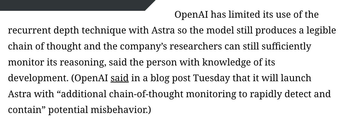 Részlet az Information cikkéből: az OpenAI korlátozza a recurrent depth használatát az Astrában, hogy a modell még olvasható gondolatmenetet adjon.