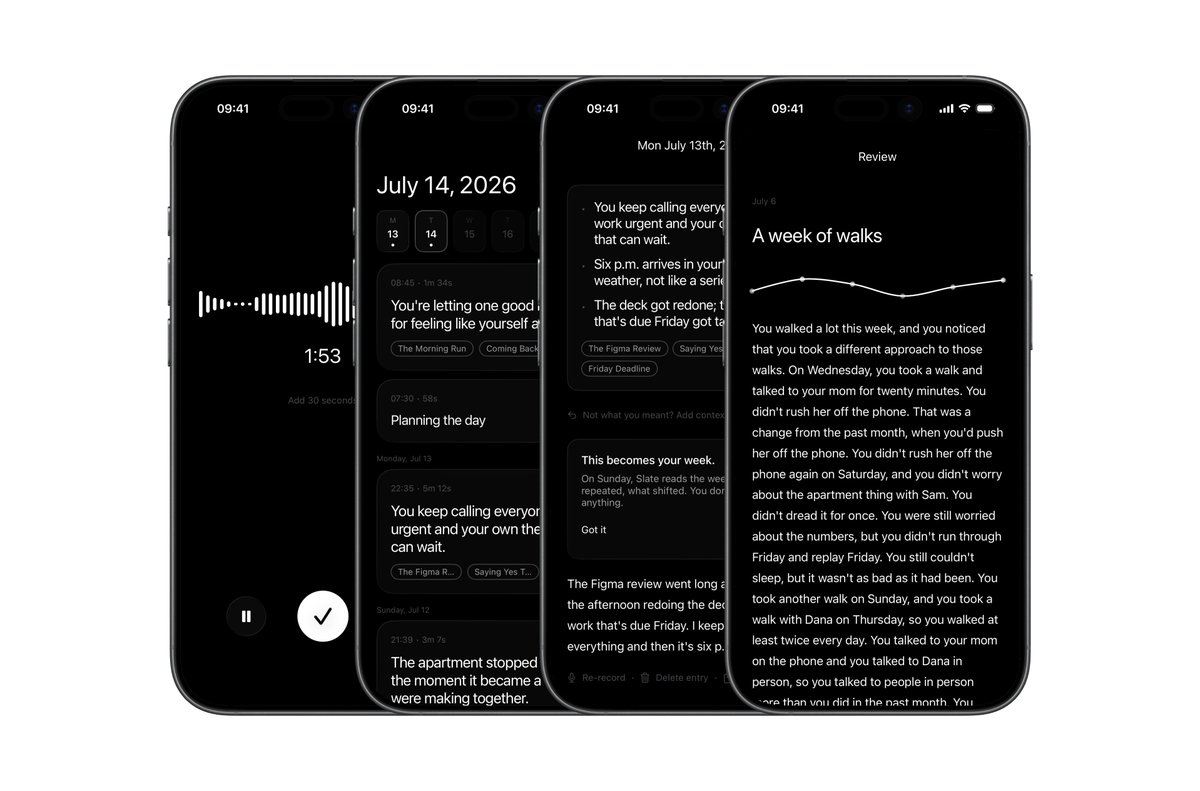 Négy iPhone-képernyő a Slate appból: hangfelvétel hullámformával, napi bejegyzés-lista címkékkel, felismert minták listája, és egy heti összefoglaló A week of walks címmel