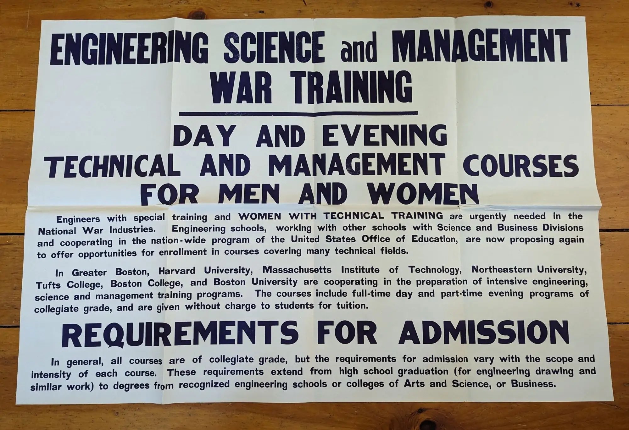 Második világháborús plakát: Engineering, Science and Management War Training, esti és nappali műszaki és menedzsment kurzusok
