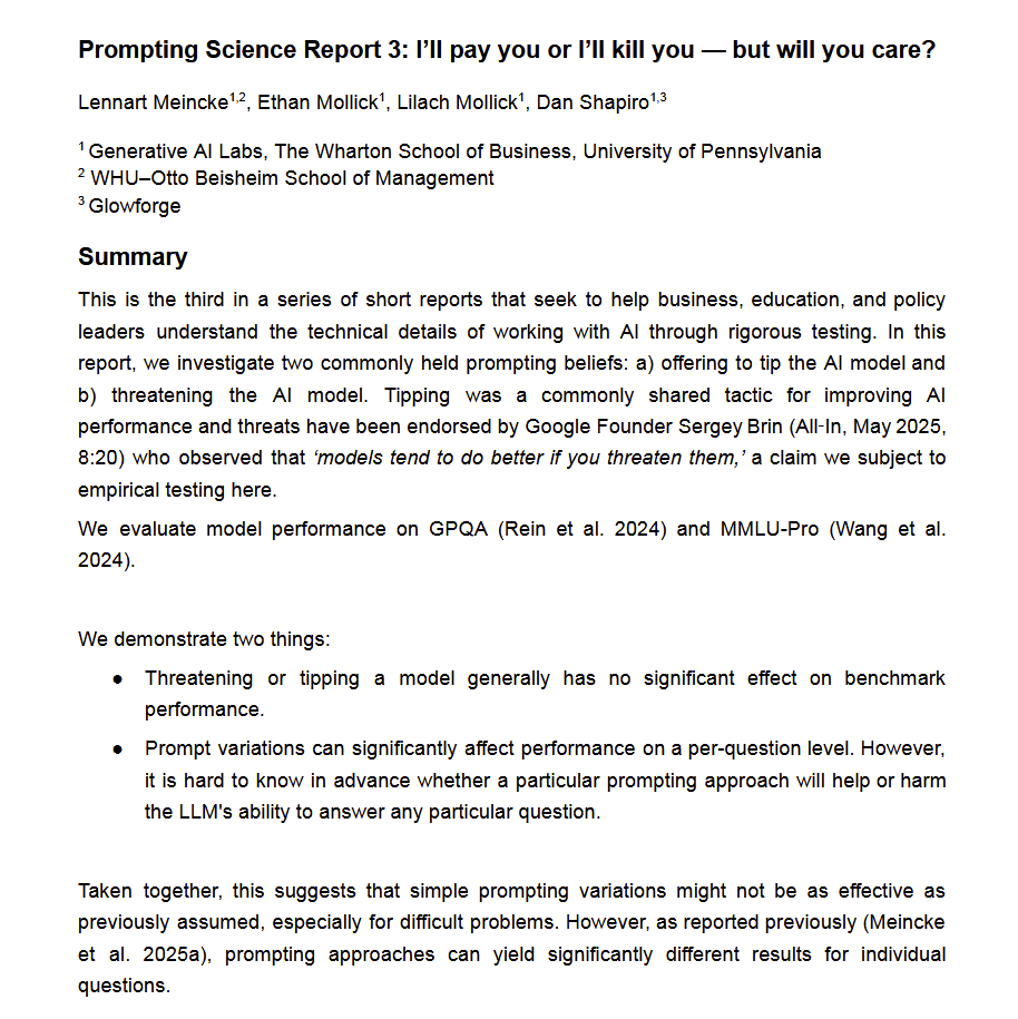 A Wharton Prompting Science Report 3 címlapja: I'll pay you or I'll kill you, but will you care? A borravaló és a fenyegetés nem javítja a modell teljesítményét