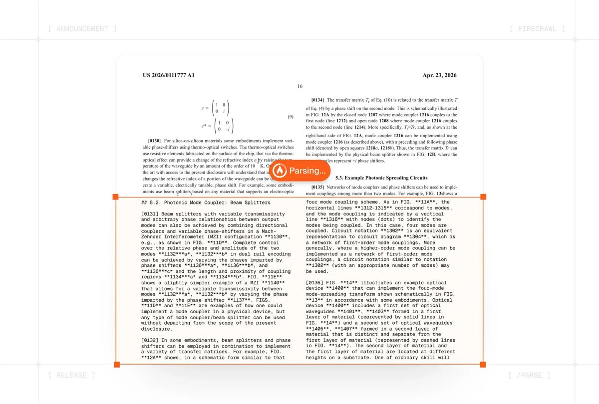 A pdf-inspector bejelentő-képe: egy sűrű, képletekkel tűzdelt szabadalmi PDF oldala, rajta narancs Parsing jelzés, alatta a kimenet két hasábban, tiszta markdownná bontva.