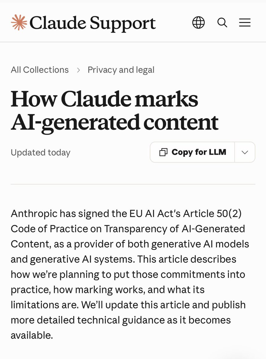 Képernyőkép a Claude súgójából, How Claude marks AI-generated content címmel: az Anthropic aláírta az EU AI Act 50(2)-es cikkéhez tartozó, az AI-generált tartalom átláthatóságáról szóló magatartási kódexet, és a cikk leírja, hogyan tervezik a vállalást a gyakorlatba átvinni, hogyan működik a jelölés, és mik a korlátai.