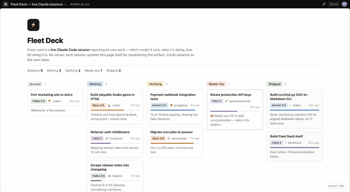 Fleet Deck: élő Claude Code session-öket mutató kanban-tábla, amit maguk az agentek frissítenek, egyetlen megosztott artifactként