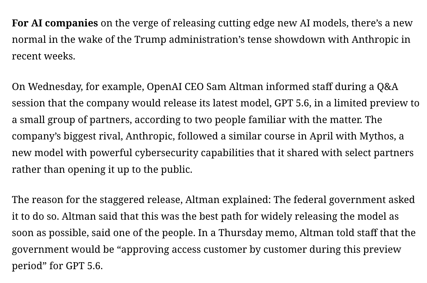 Steph Palazzolo: a Trump-adminisztráció arra kérte az OpenAI-t, hogy a GPT-5.6 kiadását ütemezze szét biztonsági okokból